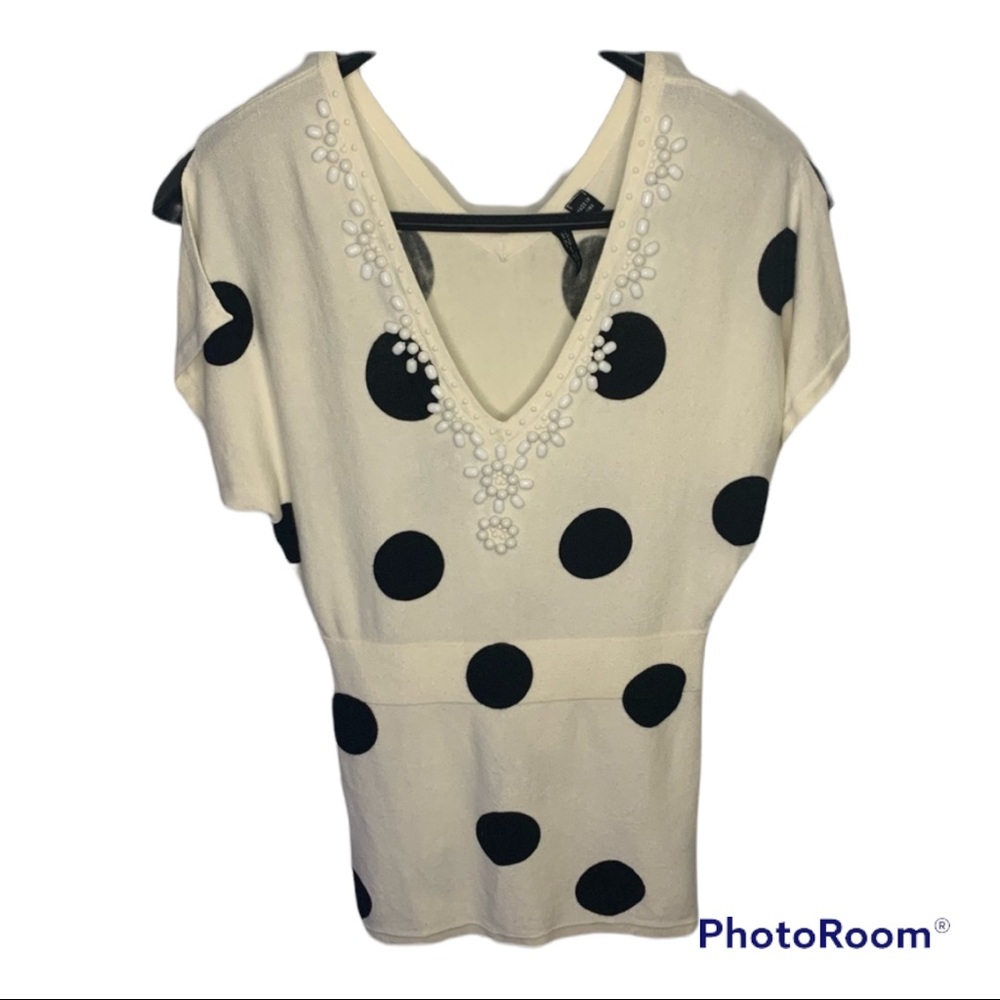 Venini Vintage Beaded Short Sleeve Sweater Polka Dots V Neck V Back Size Small
